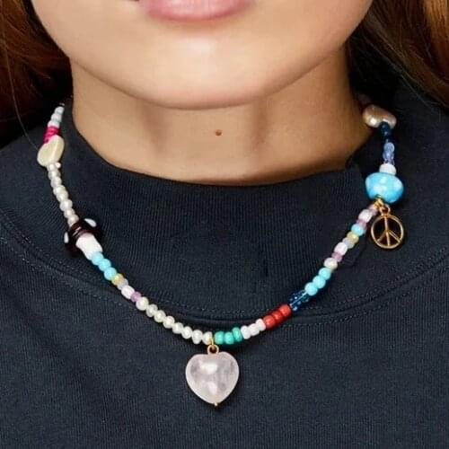 Fashion glass Mushroom beaded pink love Rose Quartz Heart Pendant charm necklace women Mothers Day gift Choker Jewelry