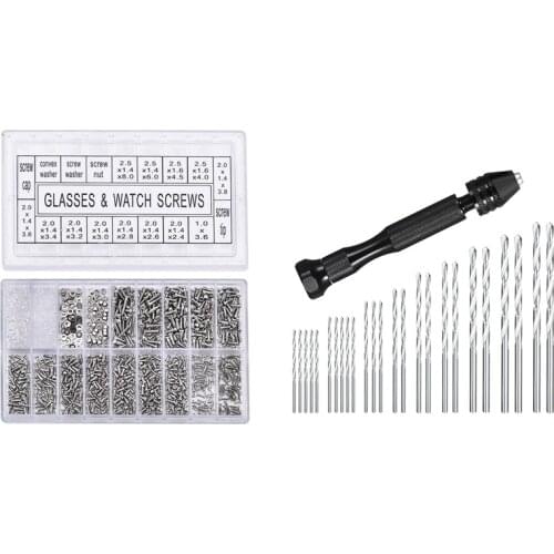 New 1000Pcs Stainless Steel Eyeglasses Watch Repair Screw Replacement Kit with Hand Drill Set Precision Pin Vise