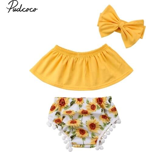 2018 Brand New Toddler Infant Newborn Baby Girls Off Shoulder Tops+Floral Shorts+Headband 3PCS Outfits Set Sunflower Clothes