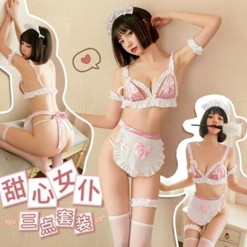 Autumn New Sexy Lingerie Hollow Three-point Pleated Lace Maid Uniform Temptation Suit Cosplay Cute Girl Suit