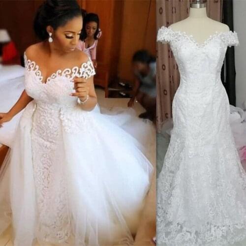 Amazing Two Pieces African Mermaid Wedding Dresses 2020 Full Lace 2 In 1 Bridal Gowns With Detachable Train