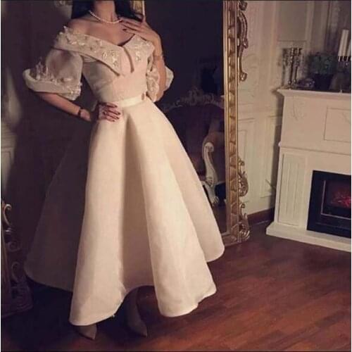 Simple but Elegant Vestidoss De Formature Off the Shoulder Appliqued Lace Half Sleeve Tea Length Prom Dresses