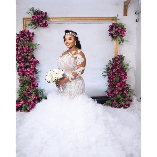 Plus Size Illusion Long Sleeve Wedding Gowns 2022 Sexy African Nigerian Jewel Neck Lace-up Back Mermaid Applique Bride Dresses