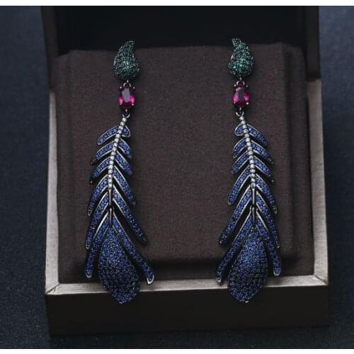 Luxury AAA cubic zirconia feather shaped multicolour big drop earrings ,brilliant fully-jewelled pave setting earrings