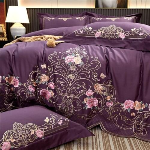 Luxury Purple Flowers Embroidery 1000TC Egyptian Cotton Bedding Set Soft Silky Duvet Cover Bed Linen Fitted Sheet Pillowcases