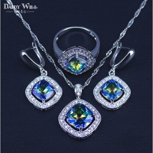 Silver Color costume jewelry sets for women muliticolor CZ White cubic zirconia Bridal Jewelry set pendant/earrings/ring