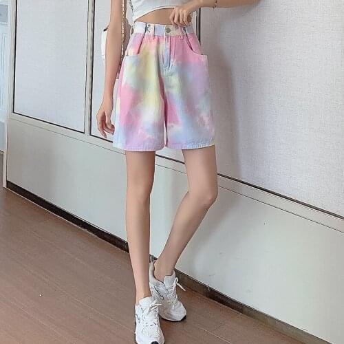 2021 Summer Tie Dye Jeans Shorts Women High Waist Adjustable Straight Gradient Loose Denim Half Short Pants Rainbow Printed P009