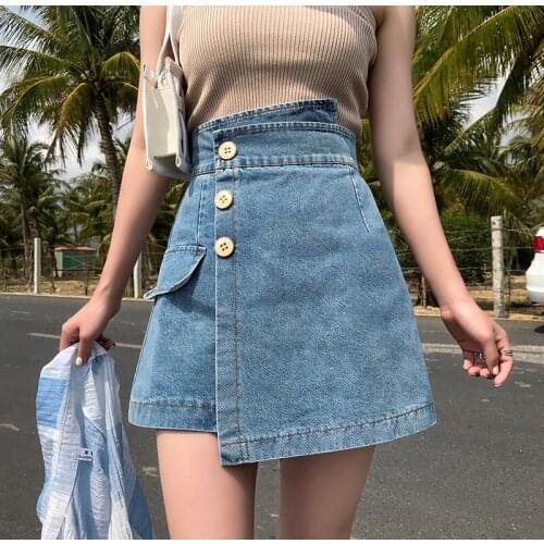 Women High Waist Asymmetric Buttons Short Jean Skirts Chic Washed A-line Denim Skirt Female Fashionable Casual Streetwear Summer
