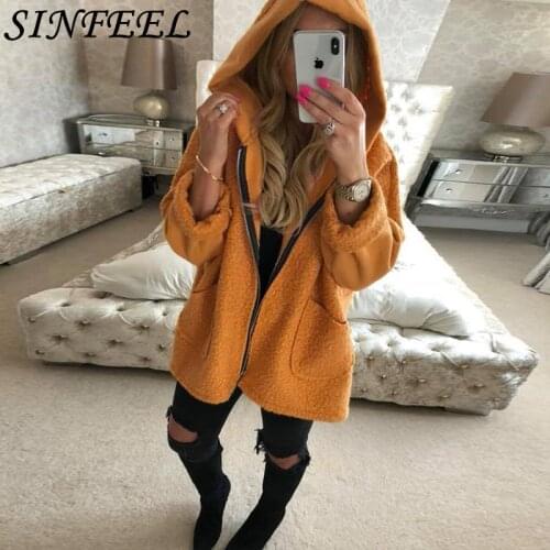 SINFEEL Faux Lambswool Oversized Hooded Jacket Coat Winter Warm Hairly Jacket Women autumn outerwear female overcoat plus size