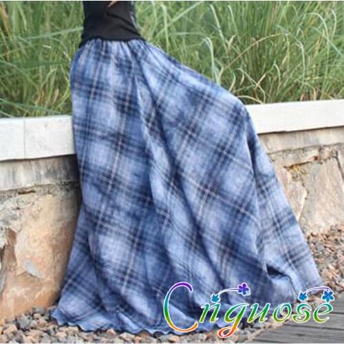 2020 Fashion Spring and Summer Retro Casual Dark Blue 100% cotton a-line Grid Plaid Female Ladies Skirt / Maxi Skirts for Womens