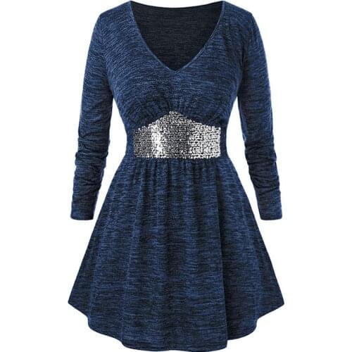 Joineles Plus Size Marled Sequins Top Shirt Sexy V Neck Long Sleeves Women Blouse 3 Colors L~5XL Retro Tops Casual Blusas Shirts