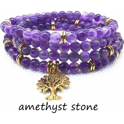 2021 Drop Shipping Natural Stone Round Beads Mala Yoga Bracelet Elastic Stretchy With Metal Tree Charms Necklace Woman Bangle