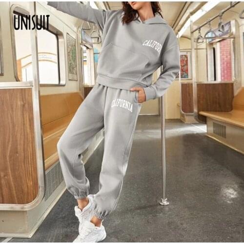 Women Letter Print Two Piece Sets Loose Long Sleeve Hooded Sweatshirts And Jogging Long Sweatpant Suits Casual Street Tracksuits