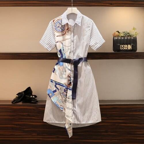 Women Patchwork Printed Striped Dress Women Slim Shirt Summer Dresses Casual Loose Dress Vestidos