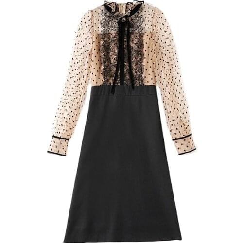BunniesFairy 2021 Women Celebrity-inspired Royal Vintage Mesh Lace Patchwork Polka Dot Bow Neck Long Sleeve Mini Dress Party