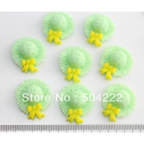 100pcs kawaii pale green beach hat sun hat Resin floral cameo gem flatback Cabochon cab beads 22mm -SZ0407