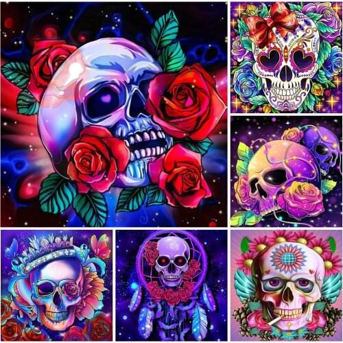 5d DIY Diamond Painting Skull Flower Full SquareRhinestone Picture Diamond Embroidery Cross Stitch Skeleton Handmade Art Gift