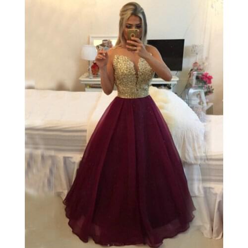 Burgundy Evening Gold Champagne crystal Lace Applique Formal Long Organza See Through Back soiree mother of the bride dresses
