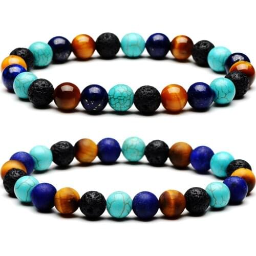 Energy Bracelets 8mm Round Ball Beads Turquoises Lapis Lazuli Tiger Eye Black Lava Stone Mala Beaded Bracelets Men Women Jewelry