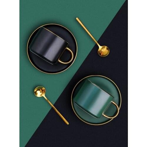 European Luxurious Gold Rim Ceramic Office Coffee Cup And Saucer Set Milk Tea Mugs Birthday Couples Gifts Friends Cup With Spoon