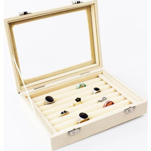 SZanbana Beige 7 Slots Velvet Ring Display Box Earring Organizer Jewelry Tray Cufflink Storage & Show case with Clear Glass lid