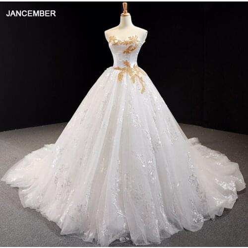 J66939 jancember strapless wedding dress court train sleeveless ball gown wedding gown yellow bead vestido de noiva amarelo 2019