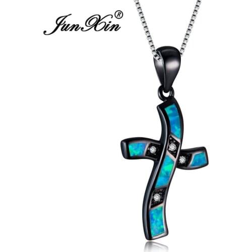 JUNXIN New Fashion Lucky Blue /White Fire Opal Cross Pendants & Necklaces For Women Black Gold Filled Crystal Zircon Choker Gift