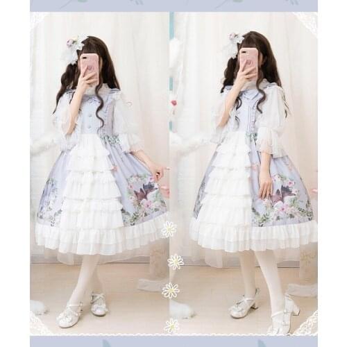 Sweet princess lolita dress vintage lace bowknot cute printing high waist cardigan victorian dress kawaii girl gothic lolita jsk