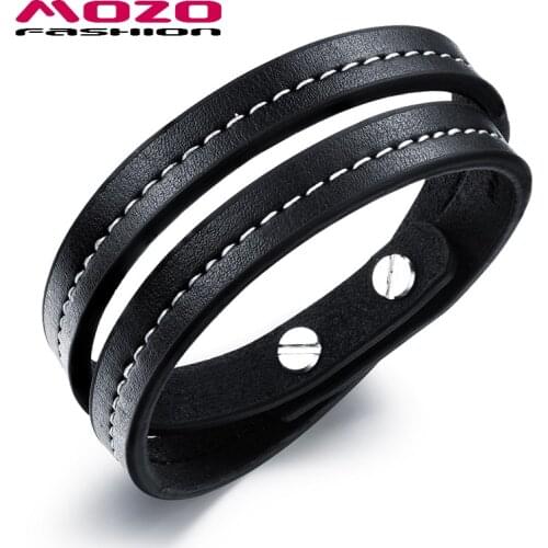 MOZO FASHION 2020 Brand Men Vintage Bracelet Black Double Layer Leather Rope Chain Wrap Bracelet Simple Male Casual Jewelry 1049