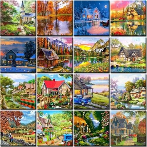 Painting By Numbers Village House For Adults Kit Landscape Oil DIY HandPainted Wall Canvas Paint Coloring Picture Decoration Set