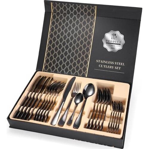 24PCS Tableware Gold Cutlery Set Dishes Dinnerware Set Knives Forks Spoons Western Kitchen 18/10 Stainless Steel Dinner Super