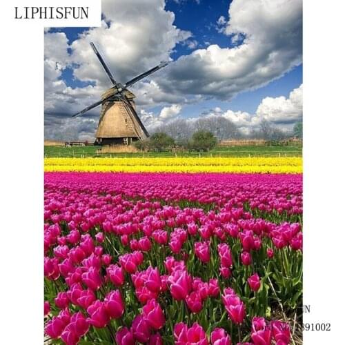 Full Square Drill Diamond Embroidery Tulips And Windmills 5d Diy Diamond Painting Cross Stitch Rhinestone Decor