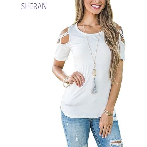 SHERAN 10 Color Off White T Shirt Women Cotton Off Shoulder Top T-shirts Female Casual Tops O Neck Short Sleeve T-shirt Women