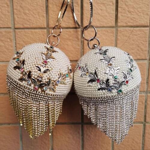 Bowling Design Pearl Clutch Bag circular ring Wristlets Bag Women Party Evening Bag Crystal tassels Ball Female wallet XQ-15