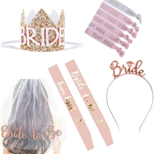 Wedding Party Decoration Letter Balloons Veil Hair Band Badge Hen Party Decor Pink Bride To Be Sash Rose Gold Team Bride Crown