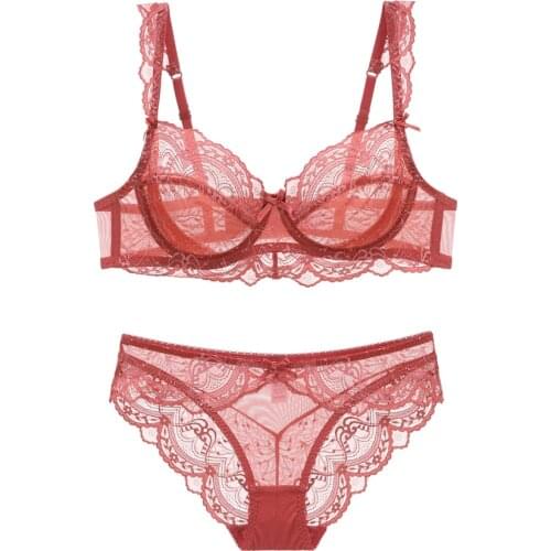 Ultrathin Bra Panties Sets Transparent Brassiere Lace Bras Sexy Underwear Set Plus Size E Cup Embroidery Women Lingerie Set