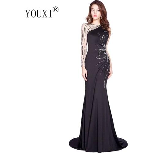 Mermaid Evening Dresses 2019 Sexy One Shoulder Long Sleeve Beaded Beading Black Satin Sheer illusion Formal Prom Gown