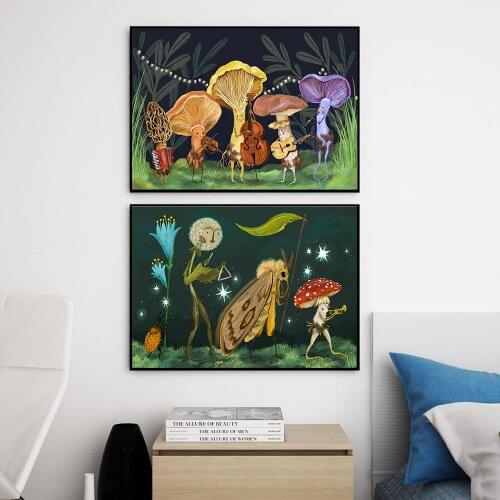 Funny Mushroom Band Vintage Music Art Prints and Posters Mushroom Wall Art Woodland Decor Antique Forest Canvas Print Painting