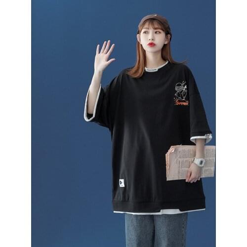 KULIQI Women Swag Short Sleeve Loose Cotton T-shirts Summer Breathable Big Size Tees for Girls Cartoon Printed