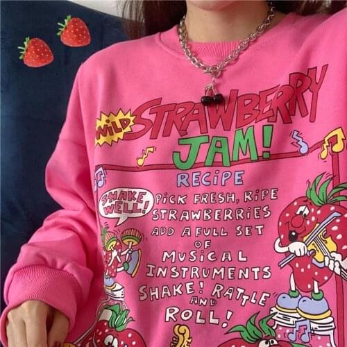2021 Harajuku Strawberry Print Hoodie E-girl Women Loose Y2k Streetwear Sweatshir tAmerican Retro Oversized Pullover