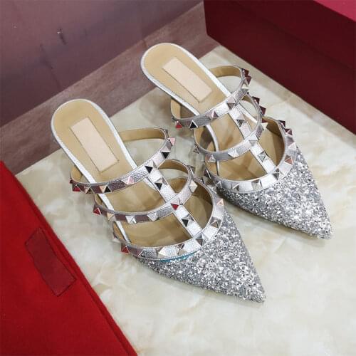 2021 summer new style fashion silver glitter spikes strappy point toe high heels mule shoes Zapatos Mujer sandals women 2021