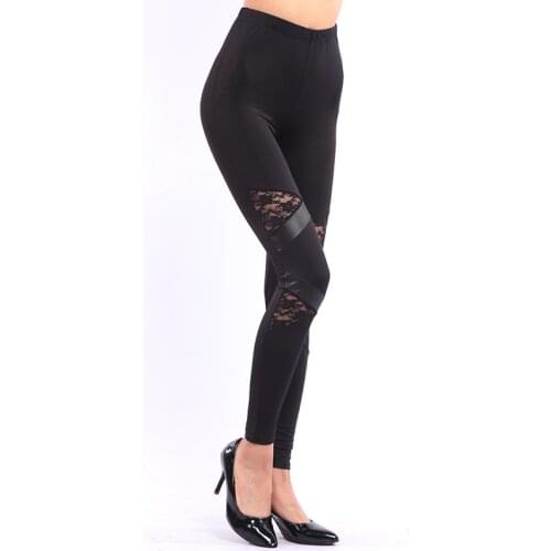 INDJXND Black Lace Stitching Fashion Leggings Women Sexy Hollow Leather Stretch Pants Plus Size Breathable Wholesale Trousers