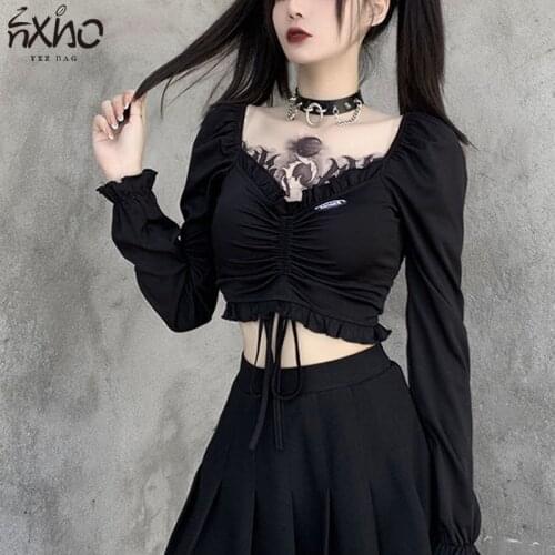 Women Sexy Short Tops Gothic Style Puff Sleeve Dark Bandage Long-Sleeves Fashion Female Streetwear Thin section Clothes