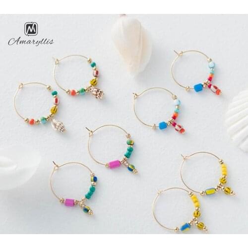 Amaiyllis Boho Metal Hoop Earrings Colorful Beads Statement Pendant Earrings For Women Beach Marine life Charms Earrings Brincos