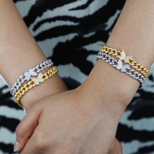 Iced out women butterfly charm bracelet bangle with cz cuban chain hip hop jewelry with gold silver color plated for women