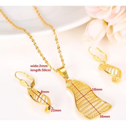 Women Fashion gift Jewelry set Necklace plain sailing Earrings Pendant Wedding sets 24k Real Yellow Solid Fine Gold GF long hang