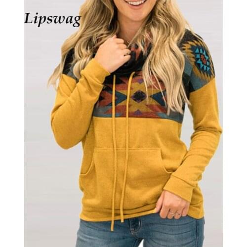 Vintage Print Womens Hooded Sweatshirt 2020 Autumn New Fashion Patchwork Hoodies Female Casual Loose Long Sleeve Tops Pullover