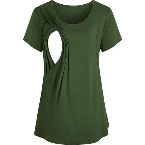 2021 Casual Pregnant Maternity Clothes Nursing Tops Womens Maternity Tops Round Neck Front Pleat Tunic Top Pregnancy Shirts