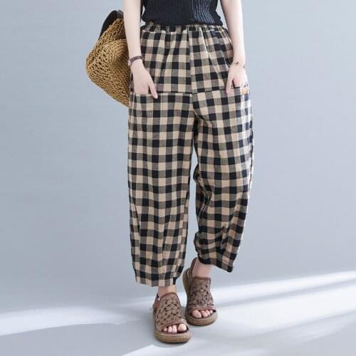 Cotton Linen High Waist Plaid Casual Pants 2021 New Arrival Loose Women Summer Pants Office Lady Work All-match Harem Pants