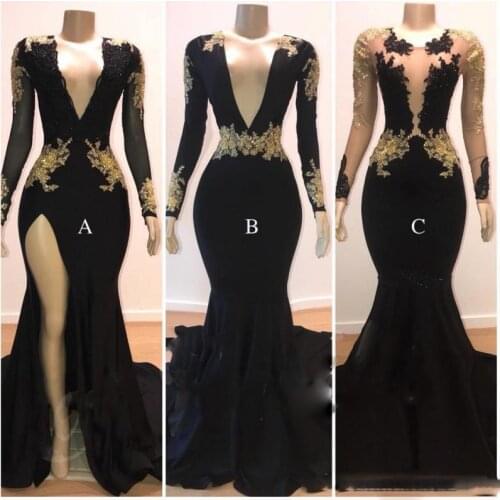 Black Sheer V Neck Mermaid Prom Dresses Long Sleeves High Split Side Black With Gold Lace Applique Evening Gowns Formals Wear